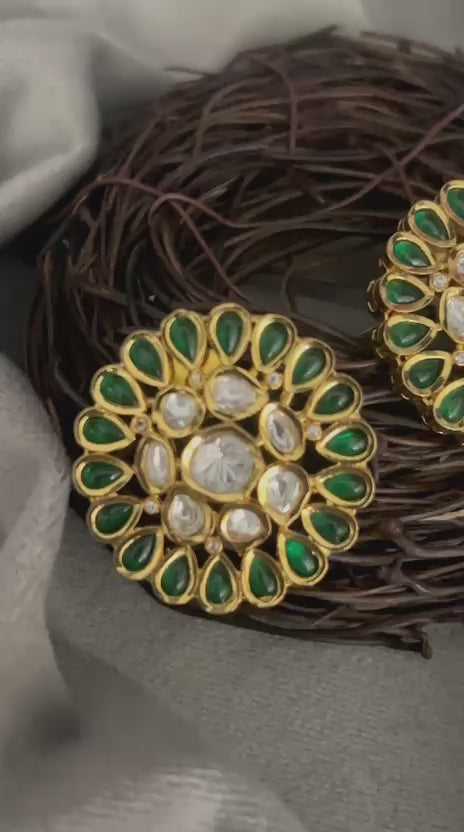 Green Kundan Round Stud Earrings